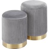 Marla Nesting Pleated Ottoman Set in Grey Velvet & Gold Metal